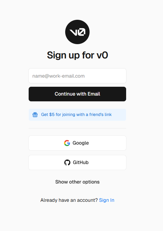 V0 login screen displaying authentication options via Vercel